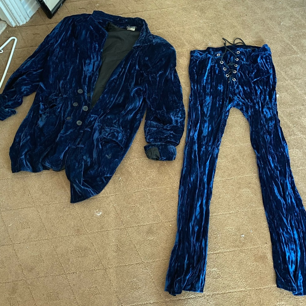 Blue crushed velvet pants and jacket